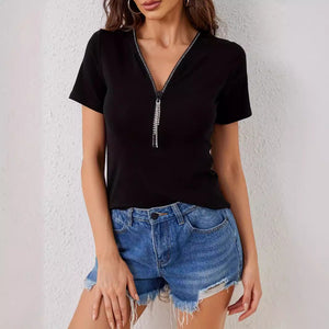 V - neck diamond pendant zipper solid color short - sleeved T-shirt - Negative Apparel