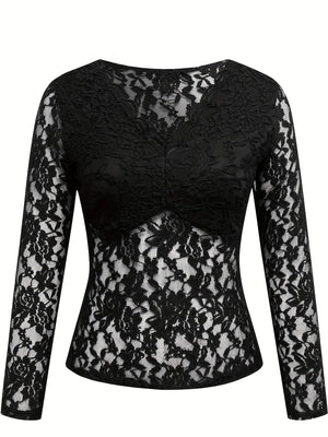 V - neck fan - shaped collar solid color long - sleeved slim fit pullover lace top - Negative Apparel