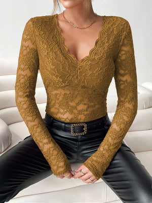 V - neck fan - shaped collar solid color long - sleeved slim fit pullover lace top - Negative Apparel