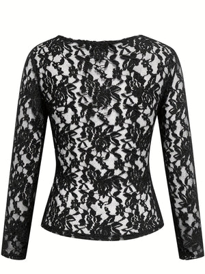 V - neck fan - shaped collar solid color long - sleeved slim fit pullover lace top - Negative Apparel