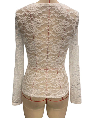 V - neck fan - shaped collar solid color long - sleeved slim fit pullover lace top - Negative Apparel