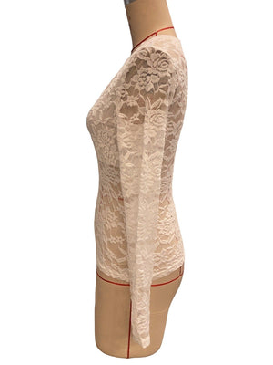 V - neck fan - shaped collar solid color long - sleeved slim fit pullover lace top - Negative Apparel