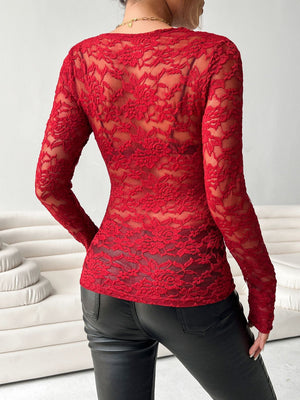 V - neck fan - shaped collar solid color long - sleeved slim fit pullover lace top - Negative Apparel