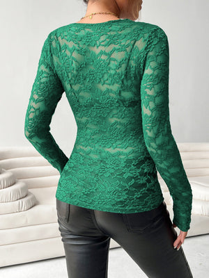V - neck fan - shaped collar solid color long - sleeved slim fit pullover lace top - Negative Apparel