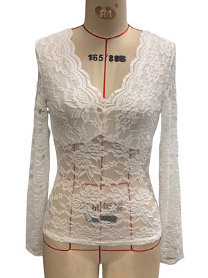 V - neck fan - shaped collar solid color long - sleeved slim fit pullover lace top - Negative Apparel
