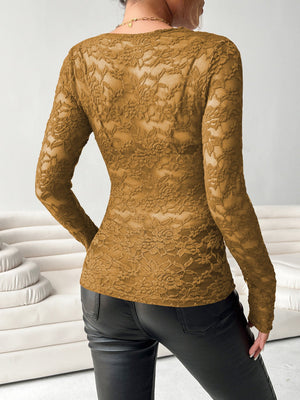 V - neck fan - shaped collar solid color long - sleeved slim fit pullover lace top - Negative Apparel
