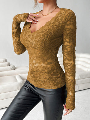V - neck fan - shaped collar solid color long - sleeved slim fit pullover lace top - Negative Apparel