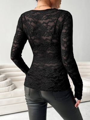 V - neck fan - shaped collar solid color long - sleeved slim fit pullover lace top - Negative Apparel