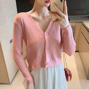 V - neck knitted cardigan top autumn and winter new retro foreign style sweater with long sleeves short jacket women's wholesale - Negative Apparel