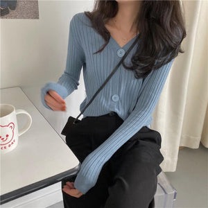 V - neck knitted cardigan top autumn and winter new retro foreign style sweater with long sleeves short jacket women's wholesale - Negative Apparel