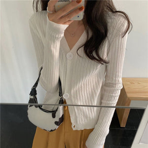 V - neck knitted cardigan top autumn and winter new retro foreign style sweater with long sleeves short jacket women's wholesale - Negative Apparel