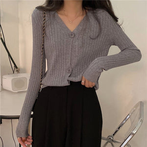 V - neck knitted cardigan top autumn and winter new retro foreign style sweater with long sleeves short jacket women's wholesale - Negative Apparel