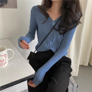 V - neck knitted cardigan top autumn and winter new retro foreign style sweater with long sleeves short jacket women's wholesale - Negative Apparel