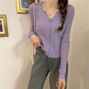 V - neck knitted cardigan top autumn and winter new retro foreign style sweater with long sleeves short jacket women's wholesale - Negative Apparel
