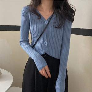 V - neck knitted cardigan top autumn and winter new retro foreign style sweater with long sleeves short jacket women's wholesale - Negative Apparel
