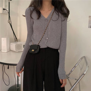 V - neck knitted cardigan top autumn and winter new retro foreign style sweater with long sleeves short jacket women's wholesale - Negative Apparel