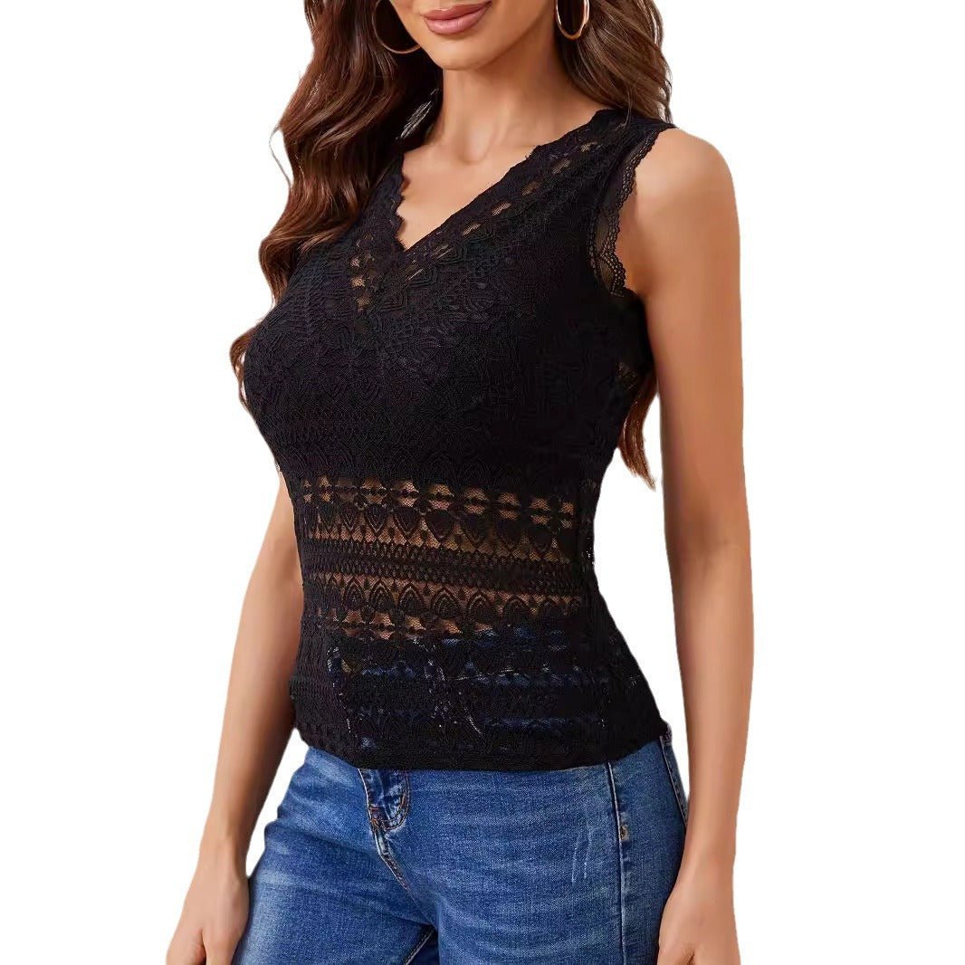 V - neck lace splicing lace outer wear with four seasons fashion vest T-shirt women's top - Negative Apparel