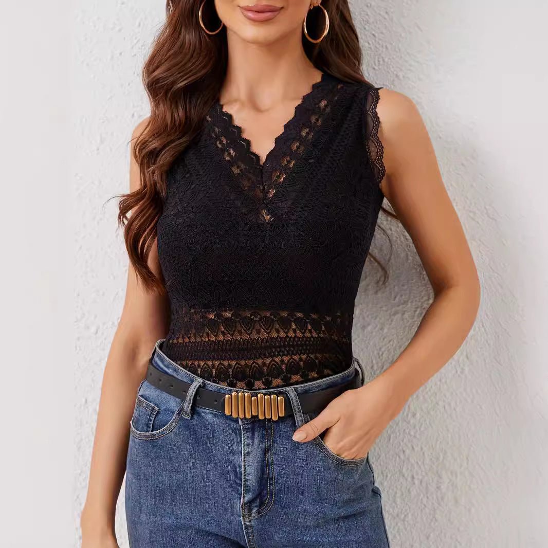 V - neck lace splicing lace outer wear with four seasons fashion vest T-shirt women's top - Negative Apparel