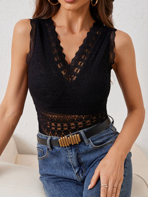 V - neck lace splicing lace outer wear with four seasons fashion vest T-shirt women's top - Negative Apparel