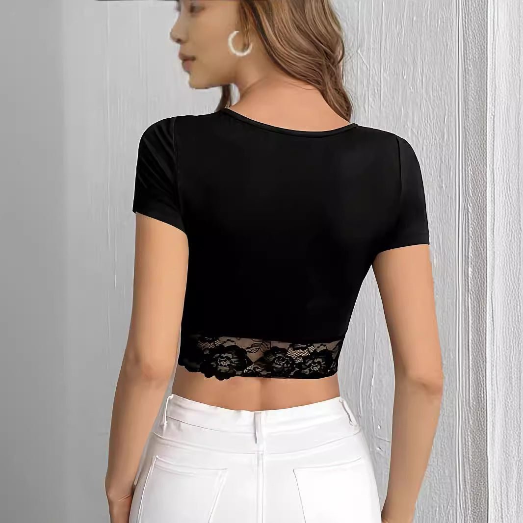 V - neck lace splicing short - sleeved slim - fitting T-shirt slim short top women - Negative Apparel