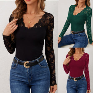 V - neck lace splicing slim and thin T-shirt long - sleeved top - Negative Apparel