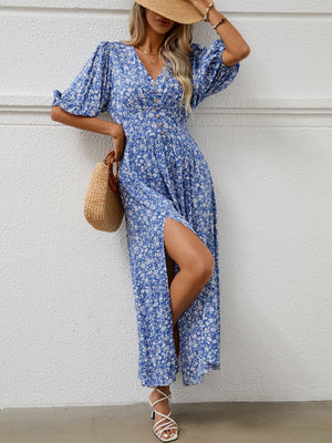 V - neck lantern sleeve waist dress for seaside vacation Bohemian beach dress - Negative Apparel