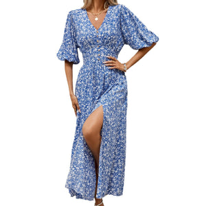 V - neck lantern sleeve waist dress for seaside vacation Bohemian beach dress - Negative Apparel