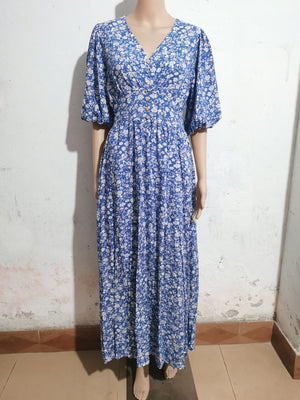 V - neck lantern sleeve waist dress for seaside vacation Bohemian beach dress - Negative Apparel