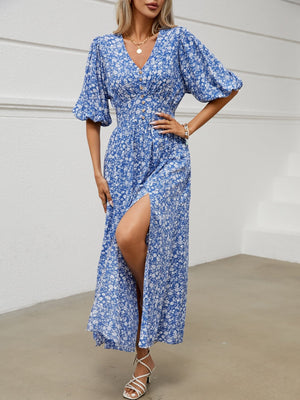 V - neck lantern sleeve waist dress for seaside vacation Bohemian beach dress - Negative Apparel