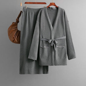 V - neck loose knitted lace - up cardigan jacket + skirt two - piece set - Negative Apparel