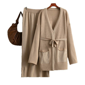 V - neck loose knitted lace - up cardigan jacket + skirt two - piece set - Negative Apparel