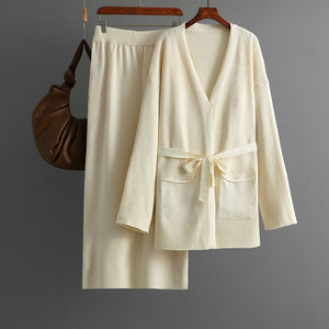 V - neck loose knitted lace - up cardigan jacket + skirt two - piece set - Negative Apparel