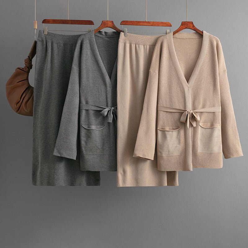 V - neck loose knitted lace - up cardigan jacket + skirt two - piece set - Negative Apparel