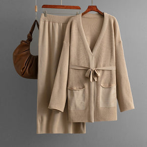 V - neck loose knitted lace - up cardigan jacket + skirt two - piece set - Negative Apparel