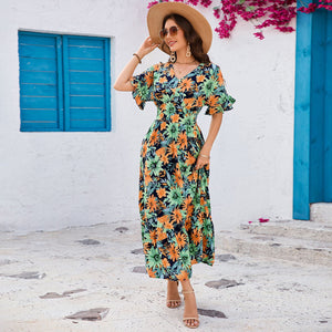 V - neck lotus leaf short - sleeved long dress temperament seaside vacation dress - Negative Apparel