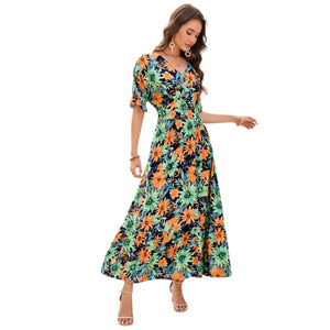 V - neck lotus leaf short - sleeved long dress temperament seaside vacation dress - Negative Apparel