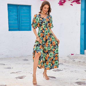 V - neck lotus leaf short - sleeved long dress temperament seaside vacation dress - Negative Apparel