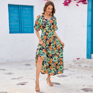 V - neck lotus leaf short - sleeved long dress temperament seaside vacation dress - Negative Apparel