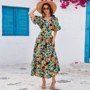 V - neck lotus leaf short - sleeved long dress temperament seaside vacation dress - Negative Apparel