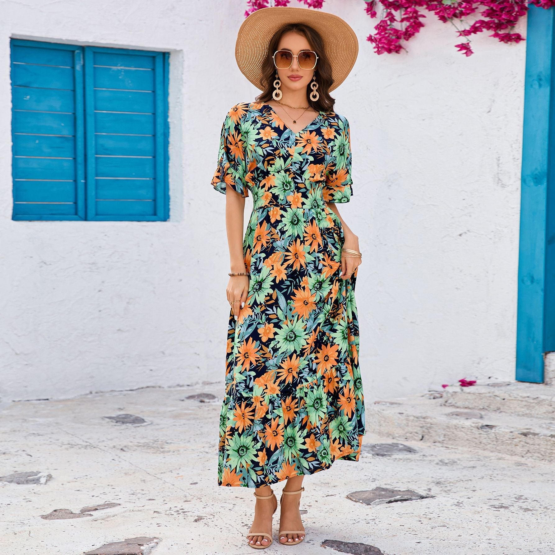 V - neck lotus leaf short - sleeved long dress temperament seaside vacation dress - Negative Apparel