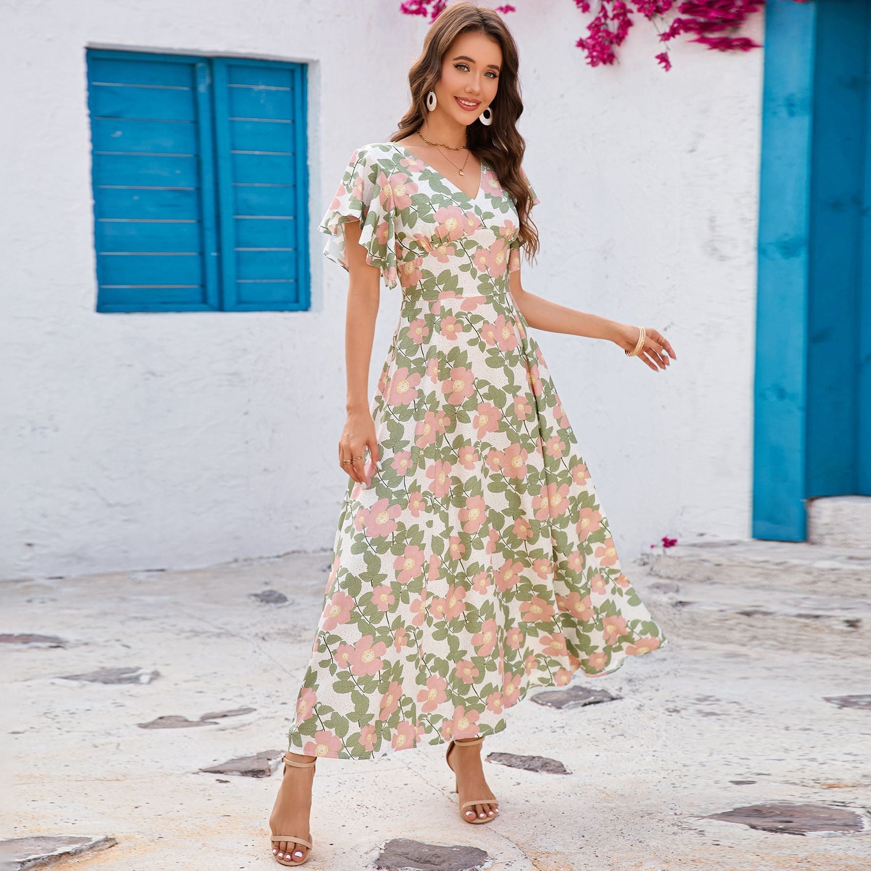 V - neck ruffle edge short - sleeved slim - fitting versatile dress - Negative Apparel