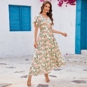 V - neck ruffle edge short - sleeved slim - fitting versatile dress - Negative Apparel