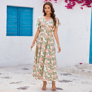 V - neck ruffle edge short - sleeved slim - fitting versatile dress - Negative Apparel