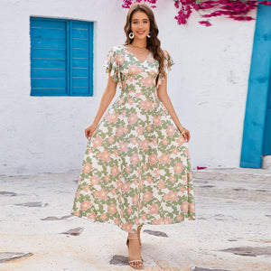 V - neck ruffle edge short - sleeved slim - fitting versatile dress - Negative Apparel