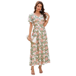 V - neck ruffle edge short - sleeved slim - fitting versatile dress - Negative Apparel
