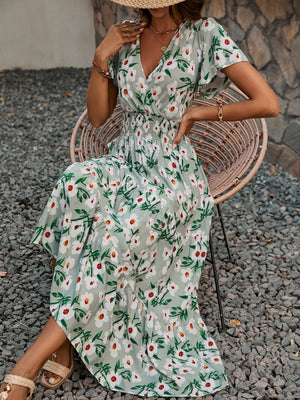 V - neck short - sleeved cotton long skirt female fashion temperament waist large swing dress - Negative Apparel