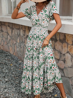 V - neck short - sleeved cotton long skirt female fashion temperament waist large swing dress - Negative Apparel
