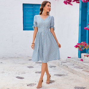 V - neck short - sleeved dress for leisure and vacation idyllic skirt - Negative Apparel