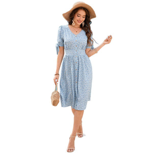 V - neck short - sleeved dress for leisure and vacation idyllic skirt - Negative Apparel