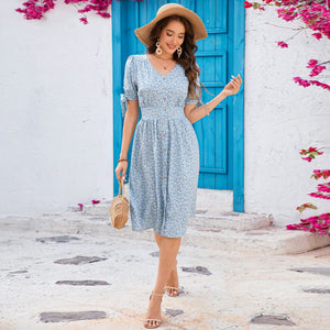 V - neck short - sleeved dress for leisure and vacation idyllic skirt - Negative Apparel